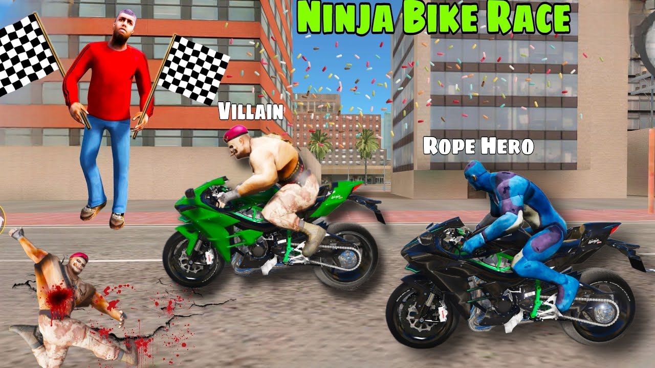 Dangerous Villain Vs Rope Hero Ninja Bike Race in Gta V | Rope Hero Vice Town | New Update