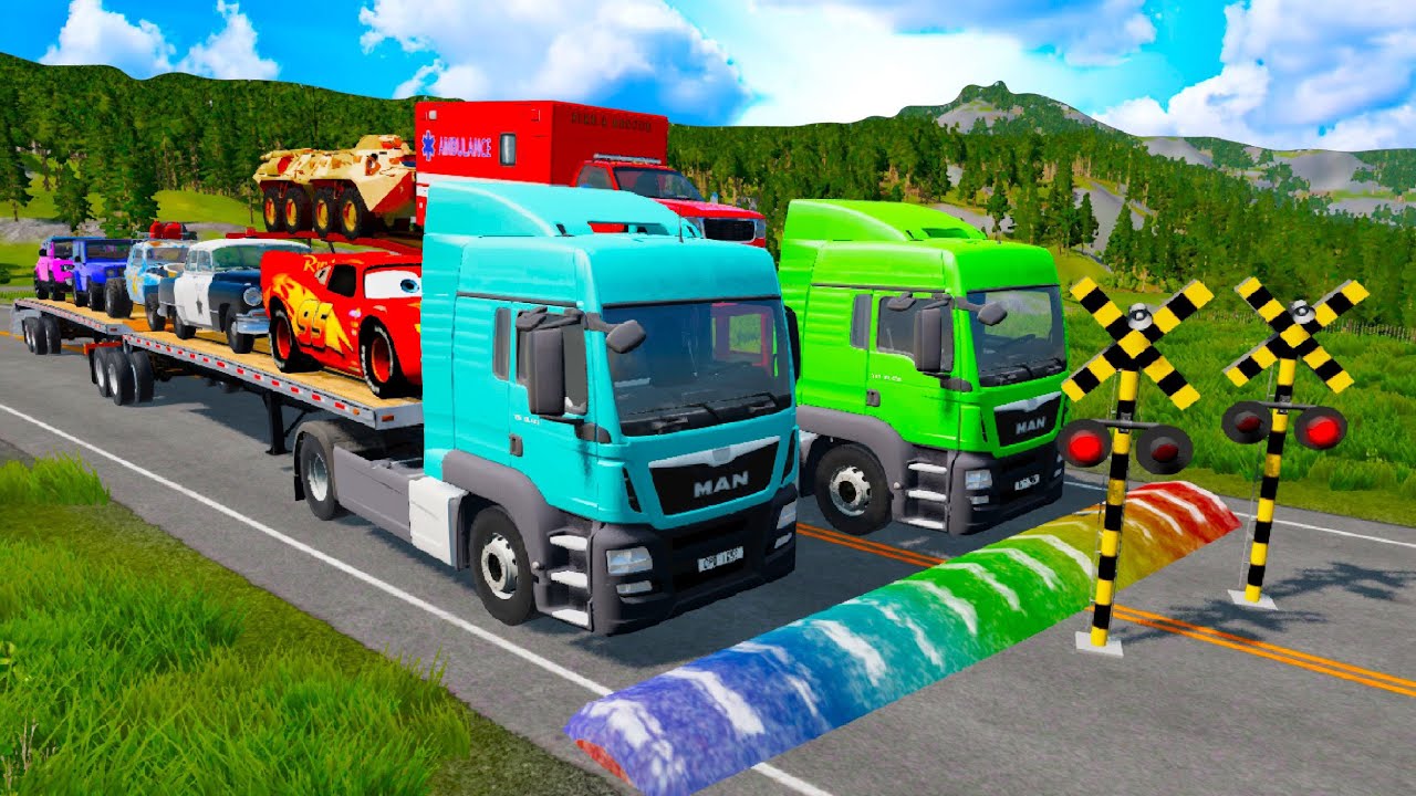 Double Flatbed Trailer Truck Potholes Transport Car Rescue, Cars vs Deep Water - BeamNG.drive