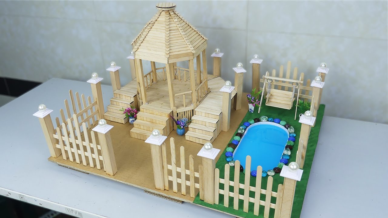 DIY a Beautiful Gazebo With Swing And Pool By Using Popsicle Sticks / School Project