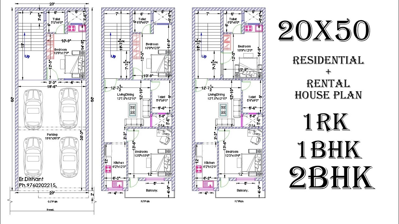 20X50 RESIDENTIAL+RENTAL HOUSE PLAN 1RK 1BHK 2BHK 4 CAR PARKING