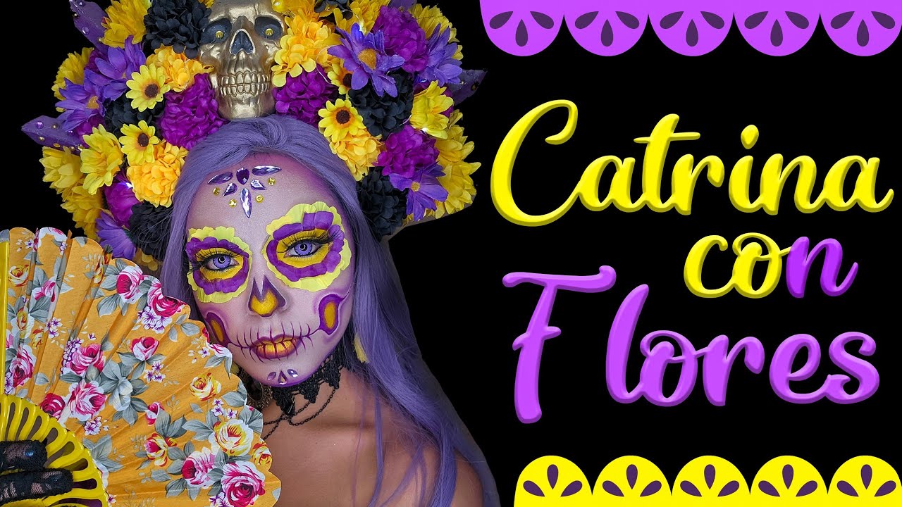TUTORIAL MAQUILLAJE CATRINA CON FLORES ARTIFICIALES 💜🌼 PASO A PASO | Día de Muertos 🎃