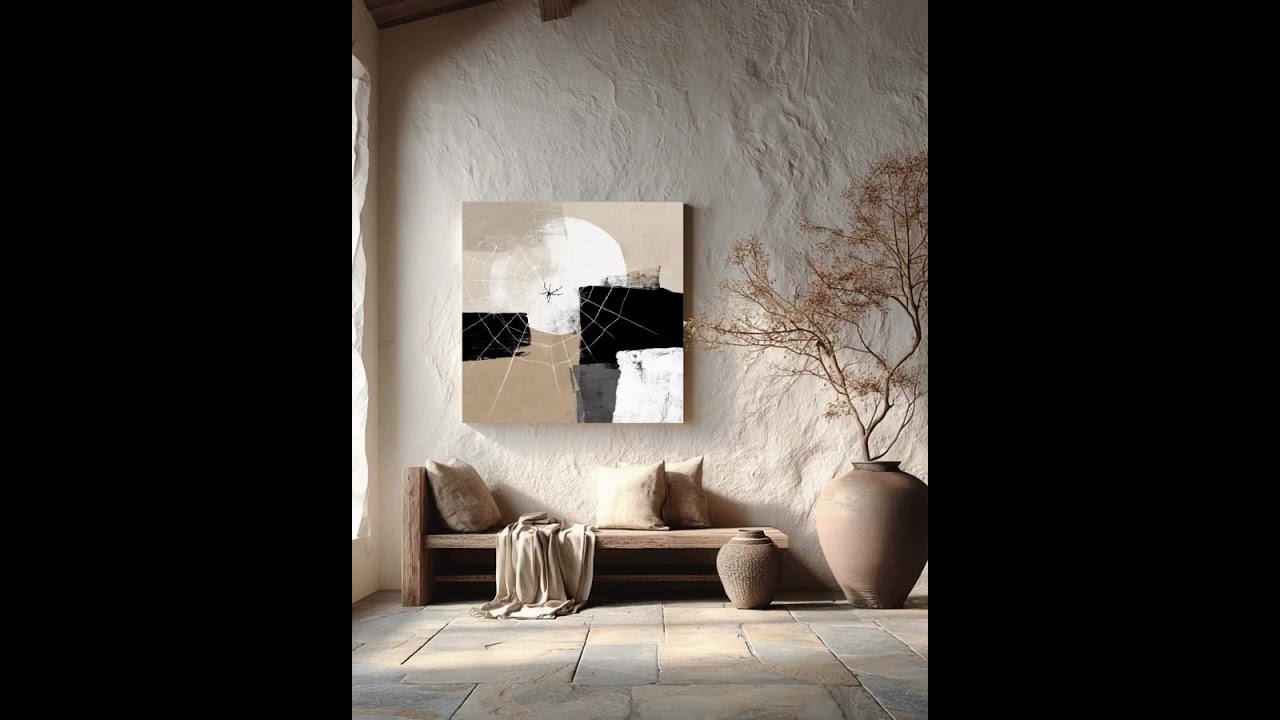 Abstract Minimalist Painting with Spider Web – Wabi-Sabi Contemporary Art  