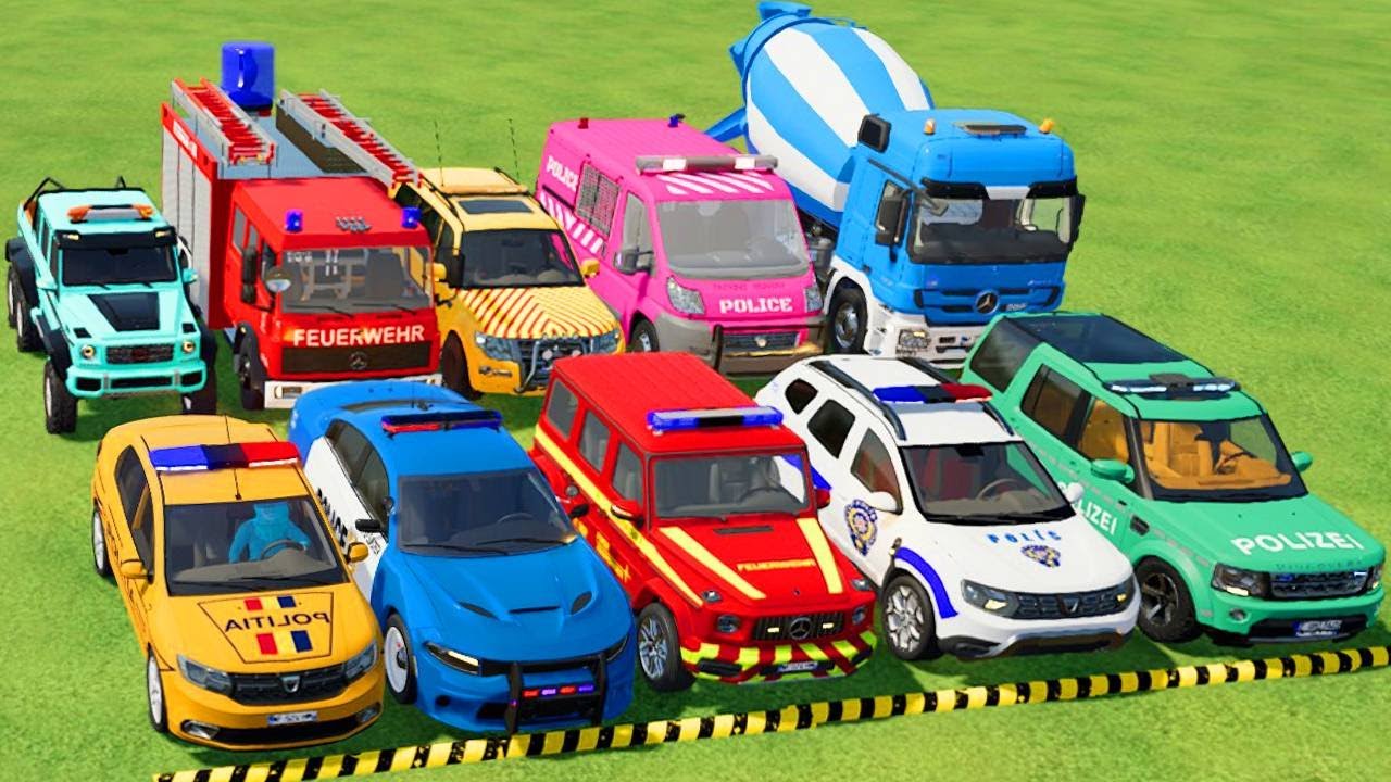 TRANSPORTING POLICE CARS, AMBULANCE, FIRE TRUCK, COLORFUL CARS WITH TRUCK -FARMING SIMULATOR 22!