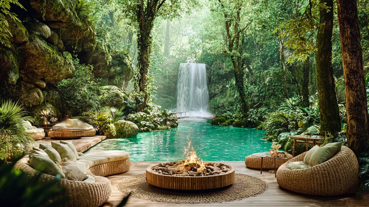 Jungle Waterfall & Crackling Fire 🔥🕊️ | Nature Sounds for Work & Relaxation