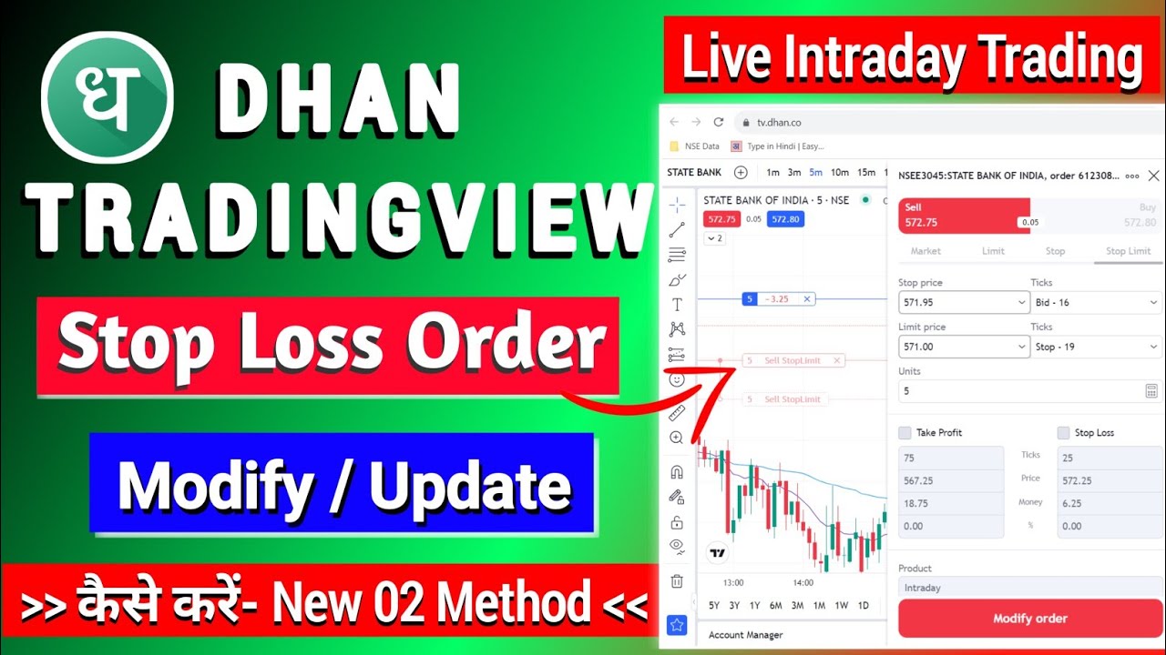 Dhan Tradingview Chart Intraday Live - Stop Loss Modify kaise kare | How to Modify Stop Loss in Dhan