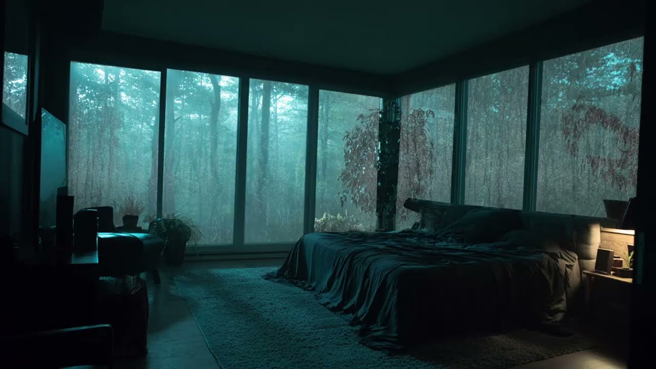 Forest Bedroom Rain on Window - Cozy Cabin Thunderstorm Ambience for Deep Sleep and Resting