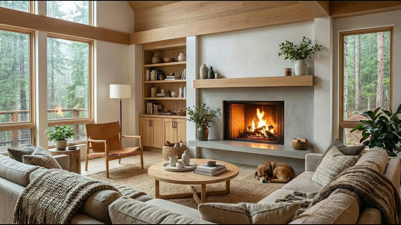 Cozy Rain & Fireplace in a Modern Home 🌧️ Smooth Jazz Music for Relax, Study & Work