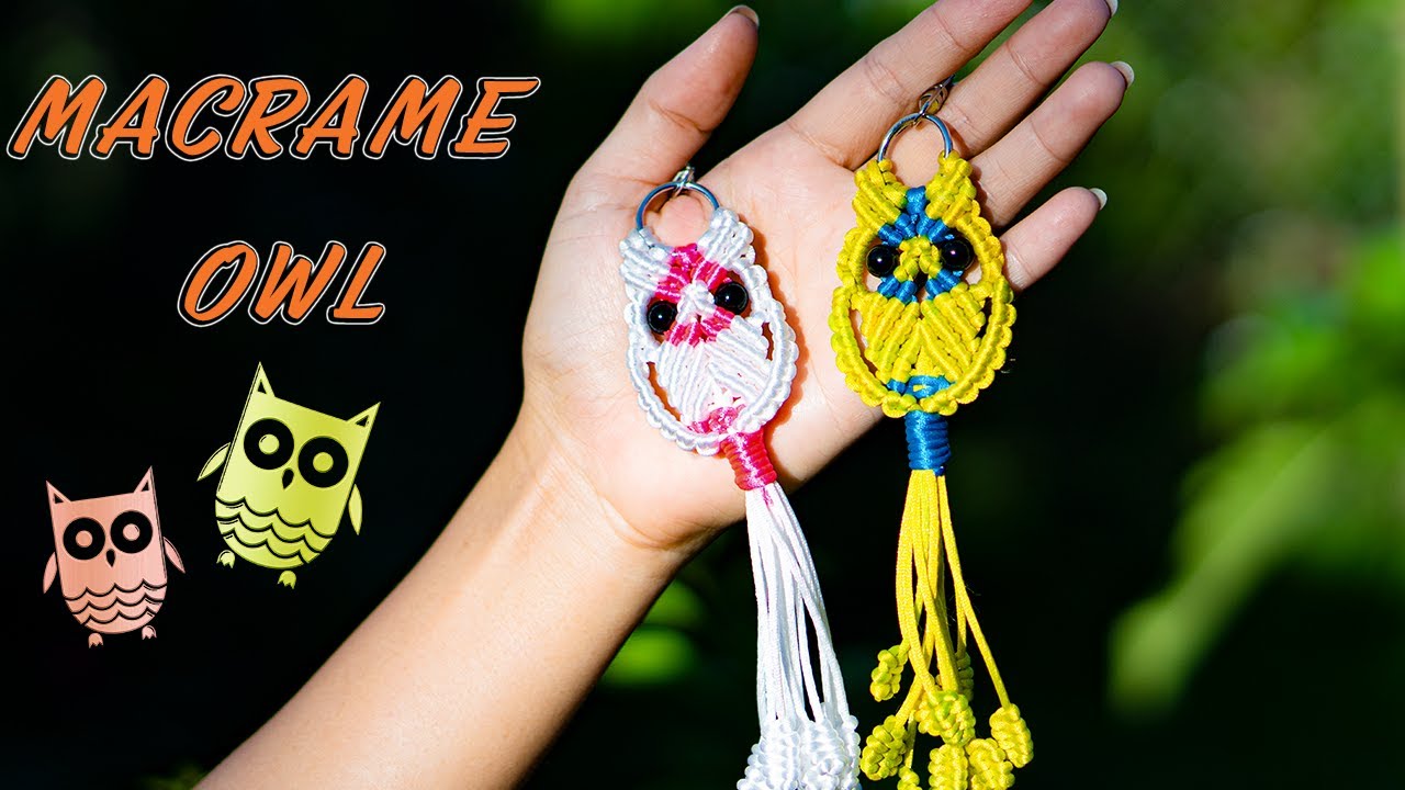 Macrame decoration tutorial: Simple owl keychain with 2mm threads