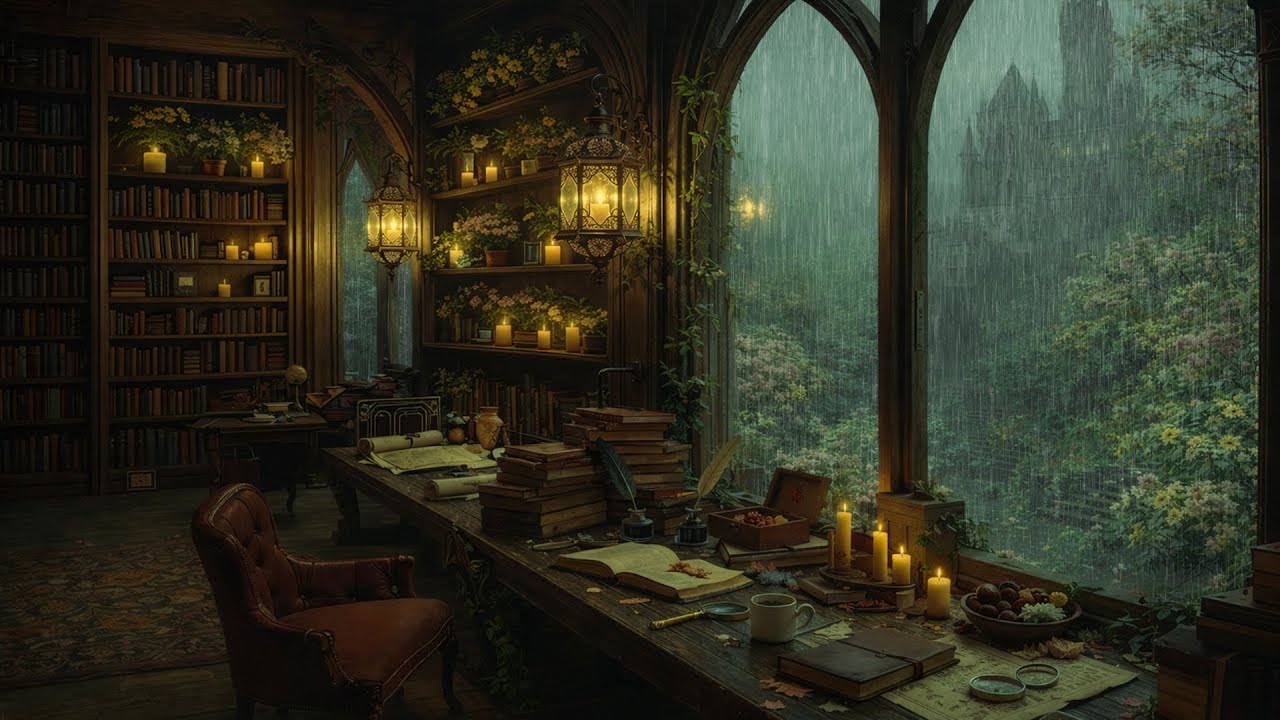 Ambience Night at Rain in Reading Nook Room of Castle | [12 Hour] Listen Dark Academia Piano Rain