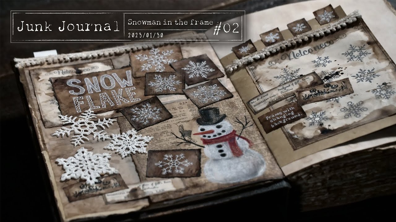 [Junk Journal #2] Снеговик и снежинки❄️Изготовление материалов и коллаж, стр.3 и стр.4