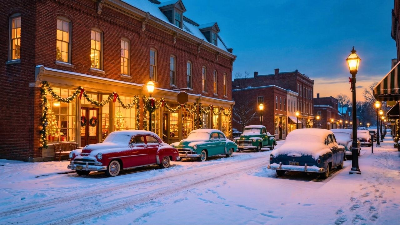 Relaxing Snowy Winter Night Street with Classic Jazz Piano Background Music