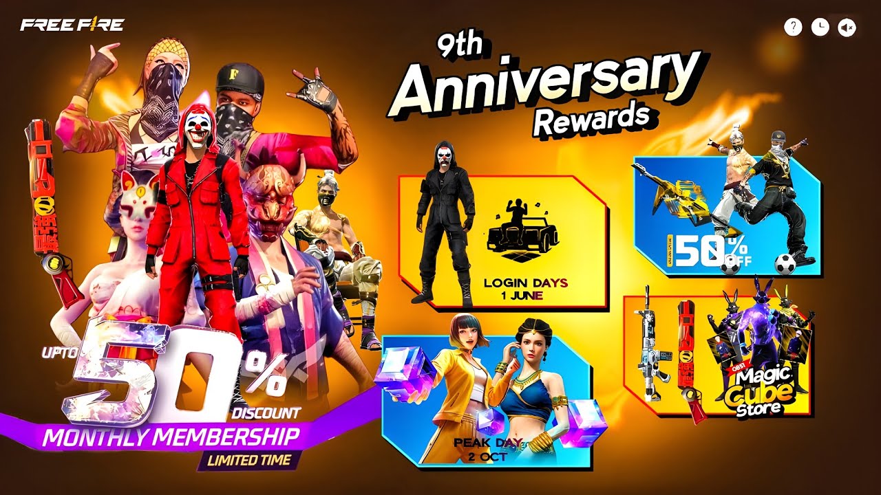 9th Anniversary Event Free Rewards 💥😮| 50% off monthly membership| free fire new event| ff new event