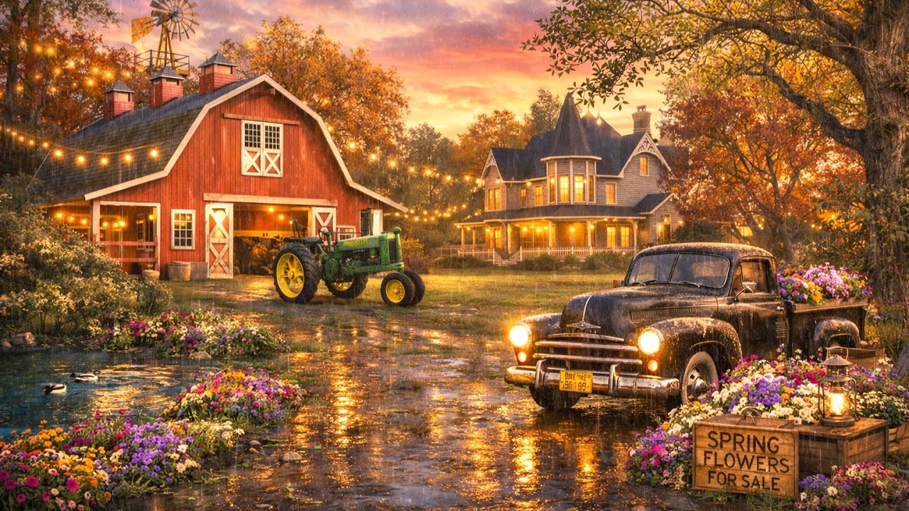 Rainy Golden Hour Farm Ambiance — Cozy 1940s Countryside Evening | Big Band Crooner