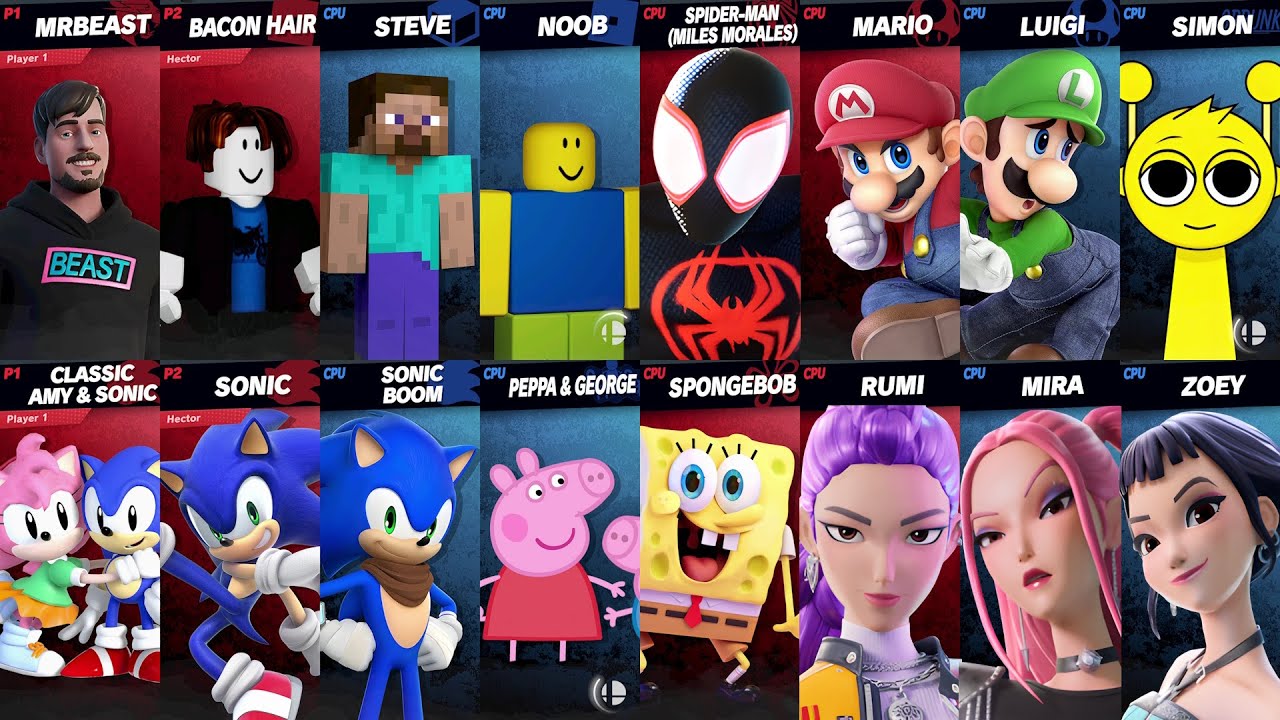 Sonic vs Peppa vs Spider-Man vs MrBeast vs Mario vs SpongeBob vs Roblox vs Minecraft | Super Smash