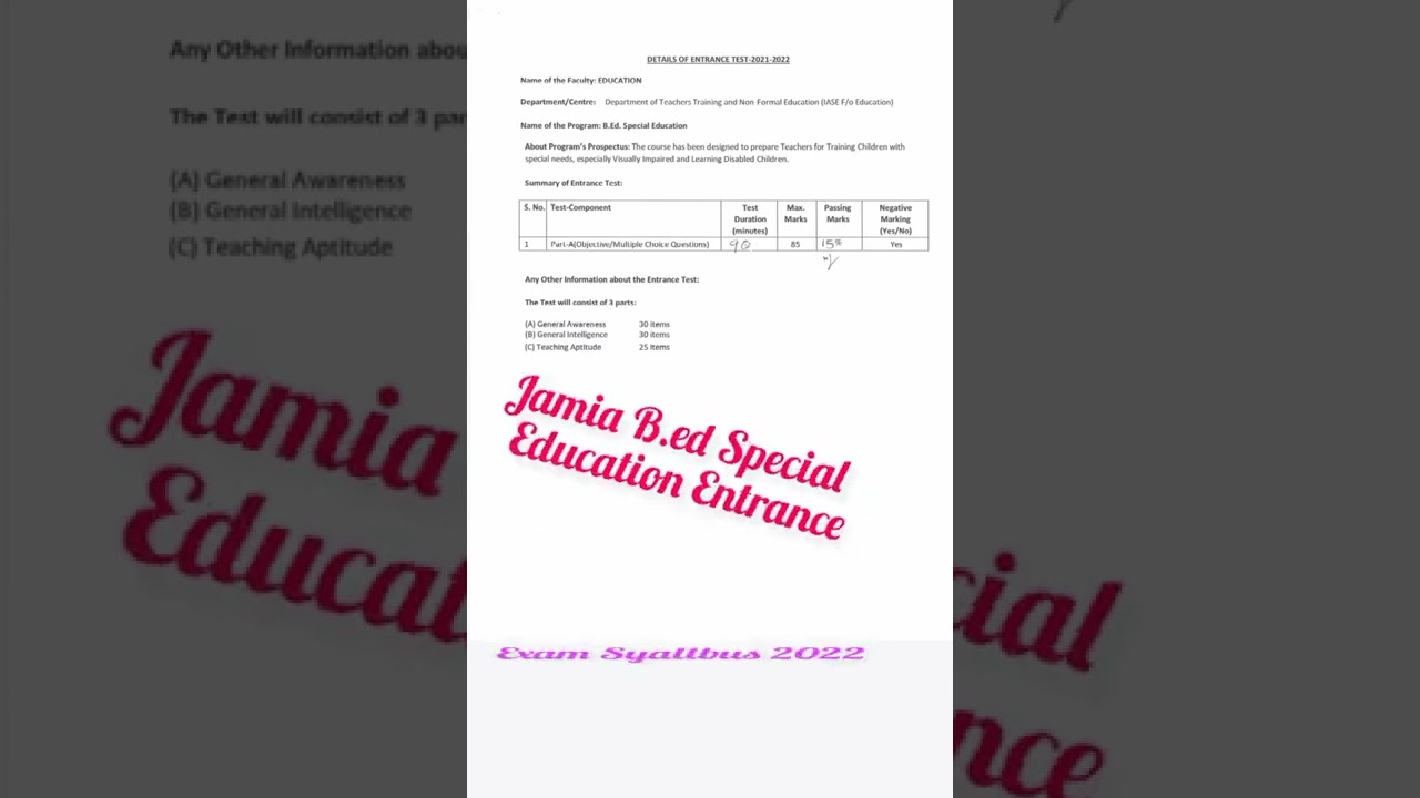 Jamia B.ed Special Education Entrance Exam Syallbus 2022 #shorts #education