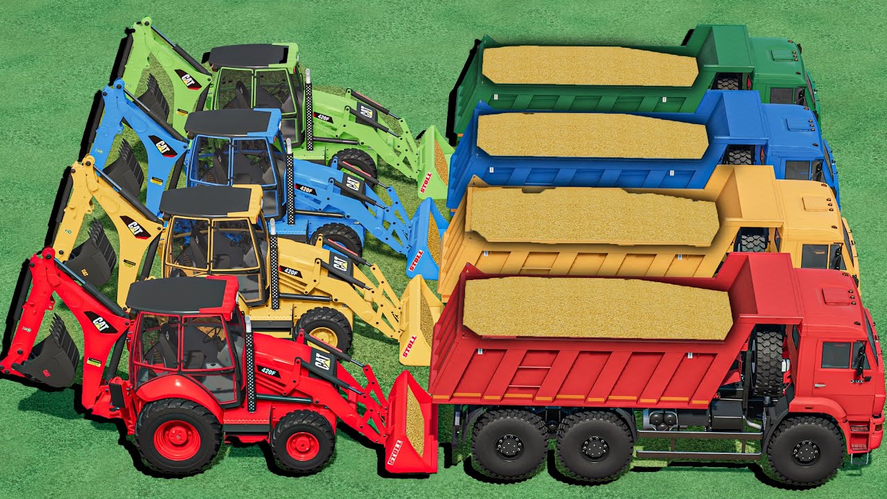 TRUCKS with Colors - CORN JUMP LOAD WORK with CAT Backhoe Loaders - Farming Simulator 22