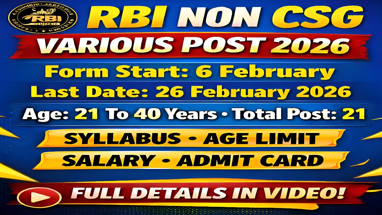 RBI NON CSG Various Post 2026 | 21 Post Vacancy | Form Start 6 Feb | Age 21&ndash;40 | Full Details