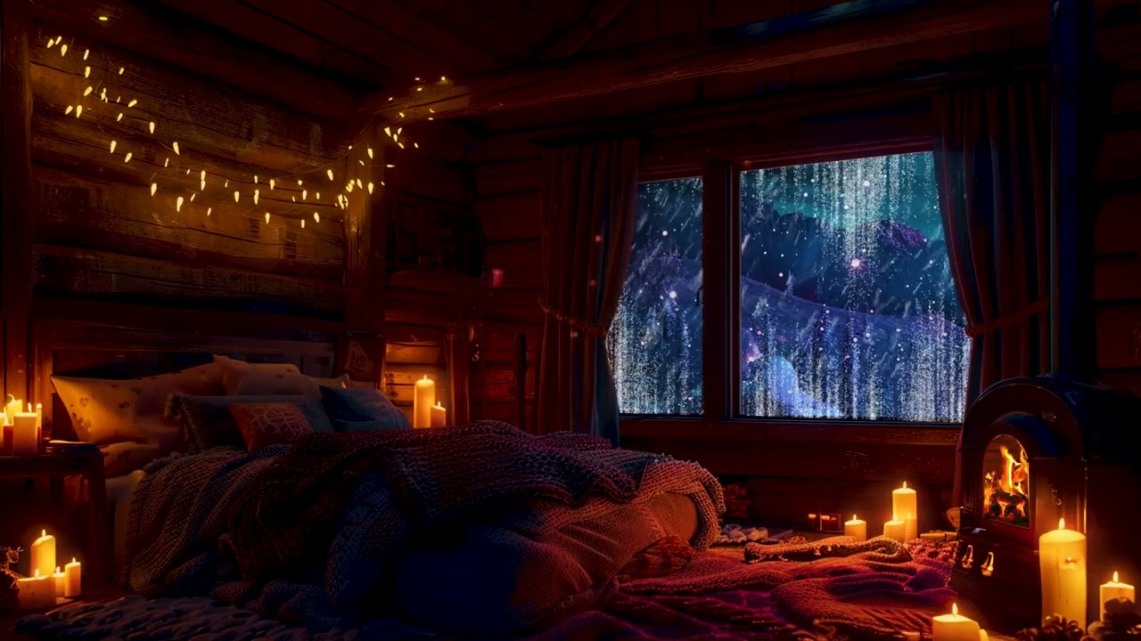 Warm Attic Retreat in a Snowy Cabin | Fireplace Crackling & Blizzard Winds for Peaceful Sleep