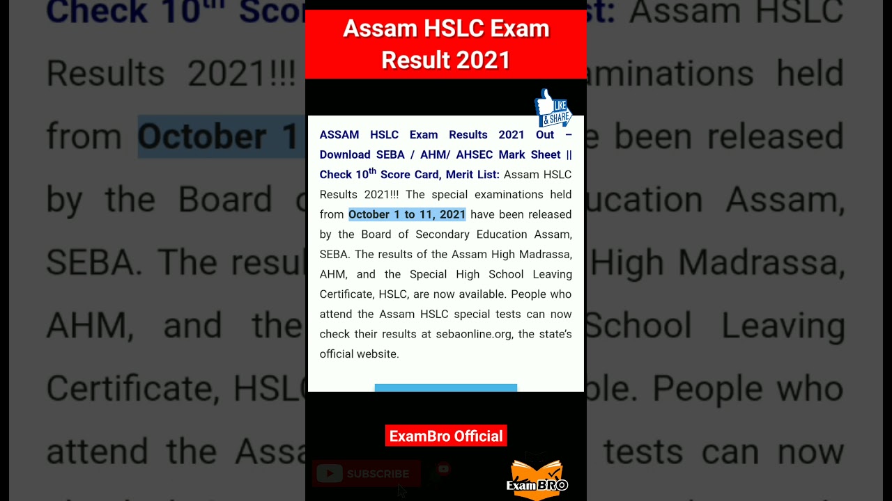ASSAM HSLC Exam Results 2021 Out