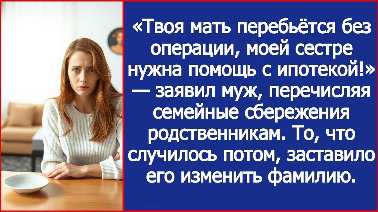 Твоя мать перебьётся без операции, моей сестре нужна помощь с ипотекой! Заявил муж