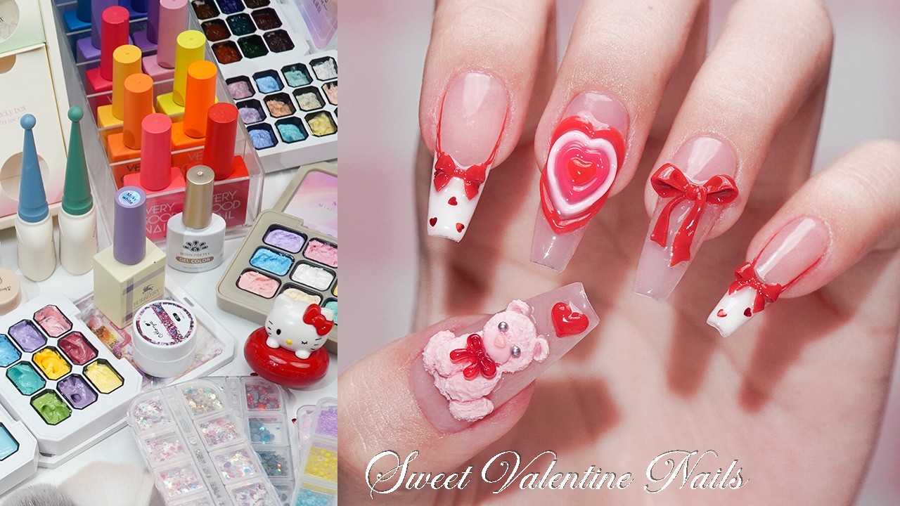 Sweet Coquette Heart Valentine Nails💗🇰🇷Korean Nails / Drawing French Art / Self nails / Nails ASMR
