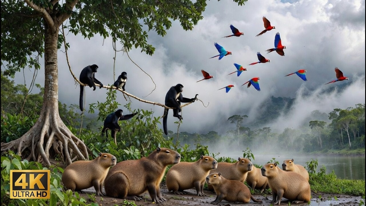 4K ULTRA HD Relax video. Peaceful wild Amazon ( Monkeys, Macaws, Capybaras).