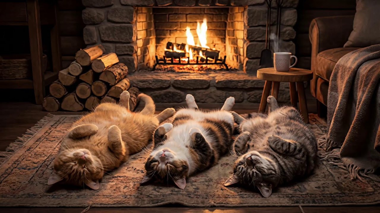 LIVE🔴 Three Sleeping Cats & Cozy Fireplace Ambience 🐱🔥 Calm, Deep Sleep, Stress Relief