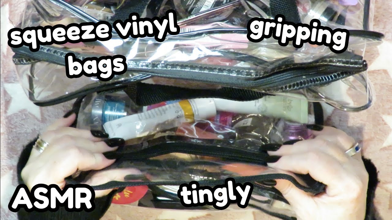 ASMR Squeezing, Gripping & Squishing Clear Vinyl Bags with Makeup Inside / No Talking