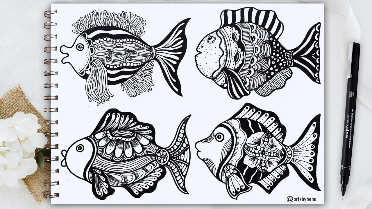 4 Fish Zentangle Art || How To Draw Easy Fish Zentangle Art For Beginners