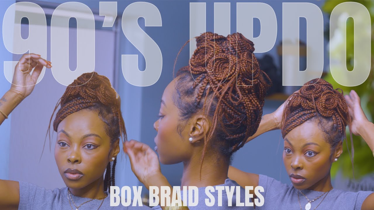Creative box braid hairstyle. 90's pin curl updo style on knotless box braids.