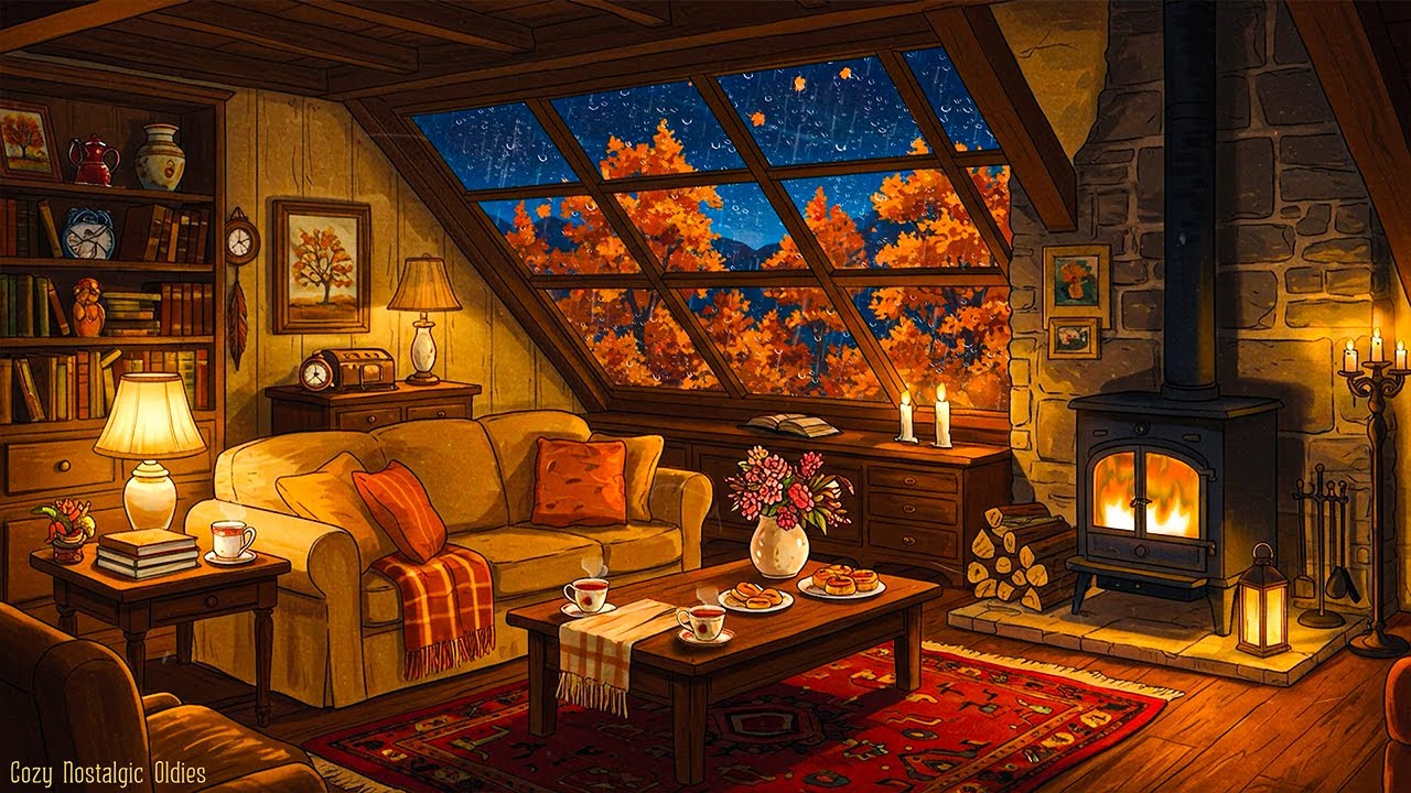 cozy 1950s cottage autumn ambience🌧️stormy night with vintage oldies playing in another room