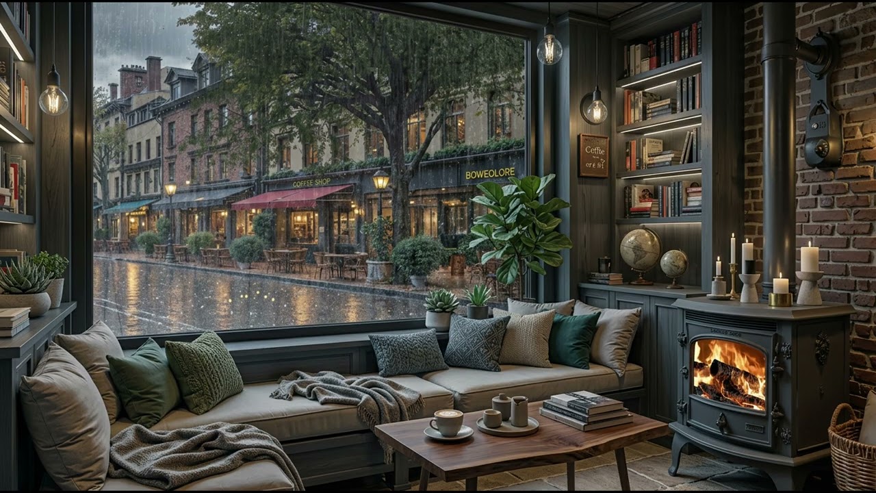 Smooth Jazz Cozy Fireplace Sounds for Deep Focus ☕ Café Jazz Ambience in a Quiet Rainy Street