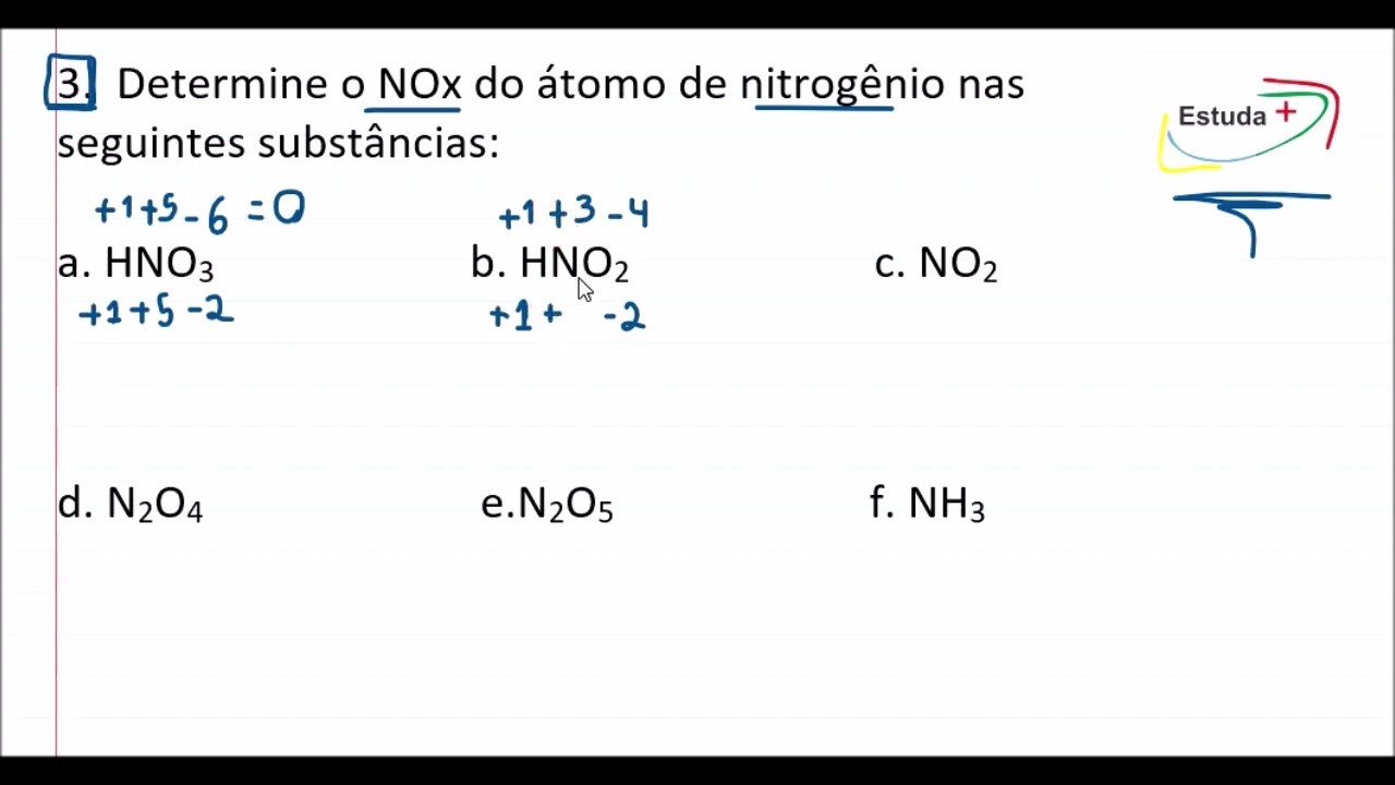 Determine o NOx do átomo de nitrogênio nas seguintes substâncias: