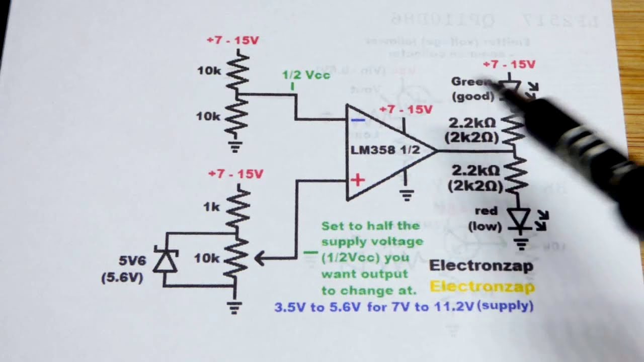 Good versus low supply voltage indicator circuit using LM358 op amp zener diode trimpot and LEDs