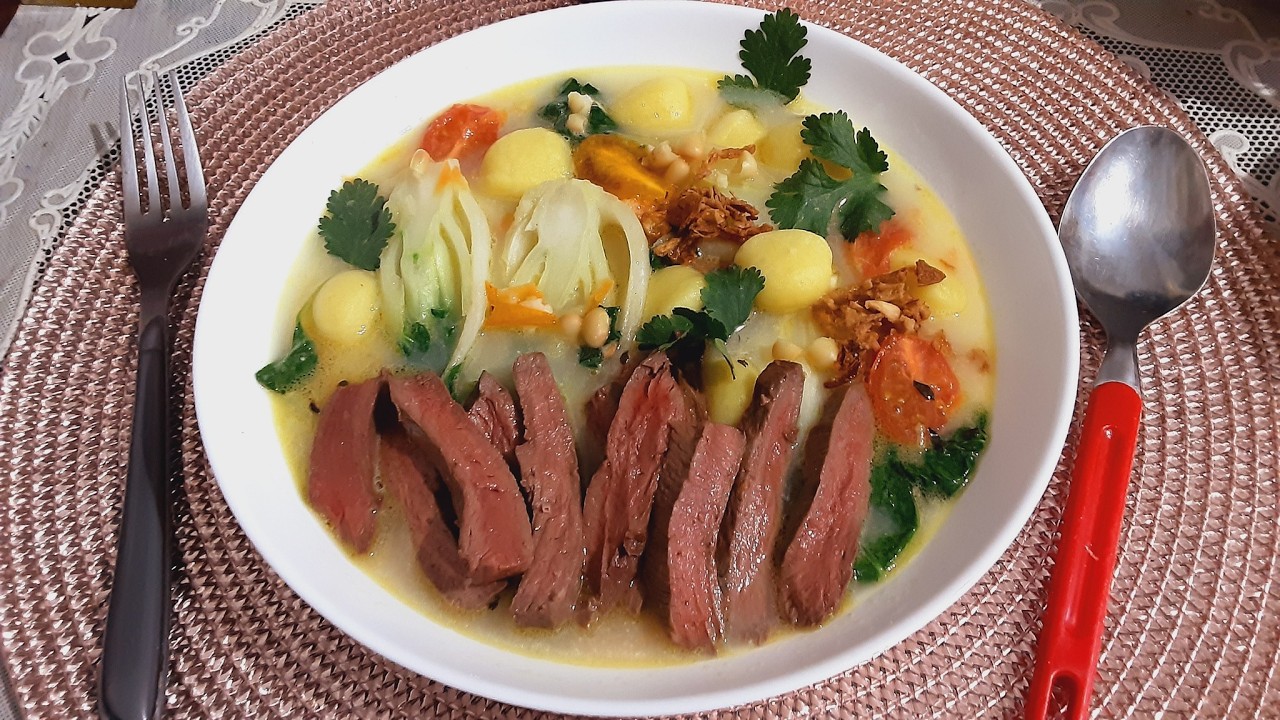Сливочный 🥣 суп с Говяжим сердцем. #Мои 300 Супов. Суп с Ньокки, капустой Пакк-чой, фасолью и мясом.