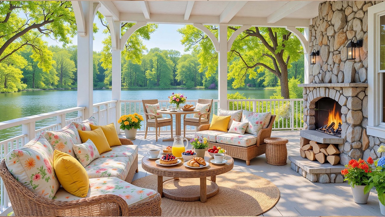 Happy Easter & Piano Music 🐰 Serene Spring Porch with Fireplace for Relaxation