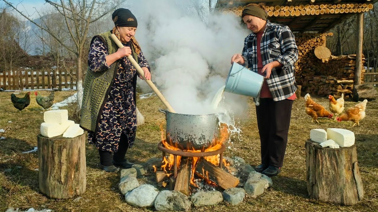Boiling 50 Liters Milk & Making Cheese on Wood Fire