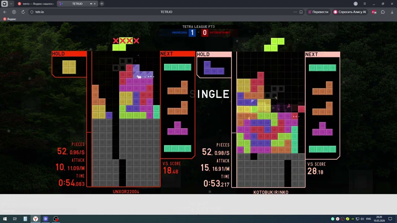TETR.IO League: UNXOR22004 vs KOTOBUKIRINKO (Rank B+, 6882 TR)