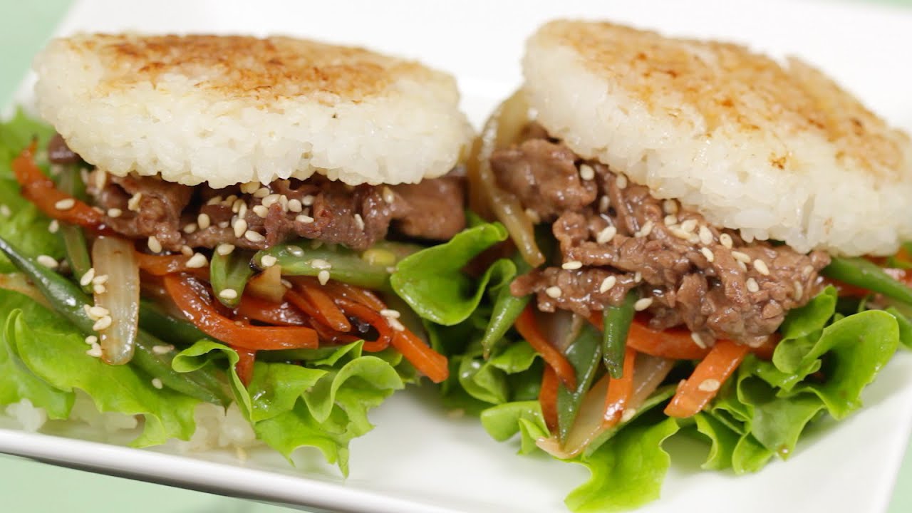 Teriyaki Beef Rice Burgers Recipe (Yakiniku and Lettuce Wrapped with Rice Buns) | Cooking with Dog