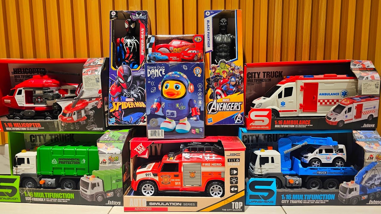 Unboxing Kereta Api, Mobil Polisi, Mobil Ambulans, Truk Pemadam, Bus, Pesawat