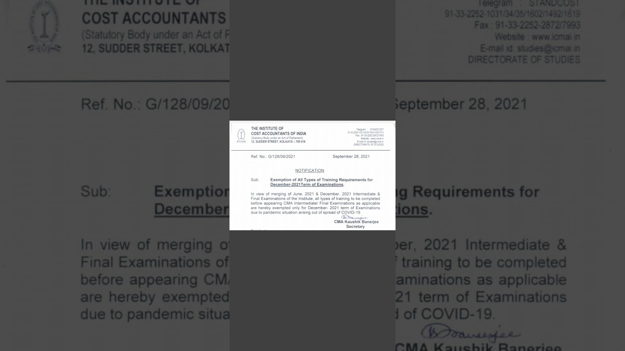 CMA DEC 2021 EXAMINATION Training Exemption Notification