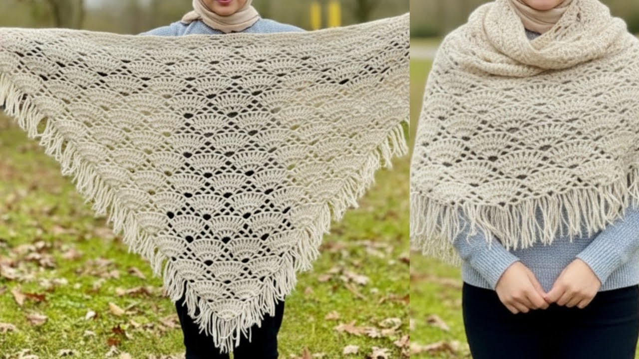 شال كروشيه مثلث شيك ومميز/crochet shawl 