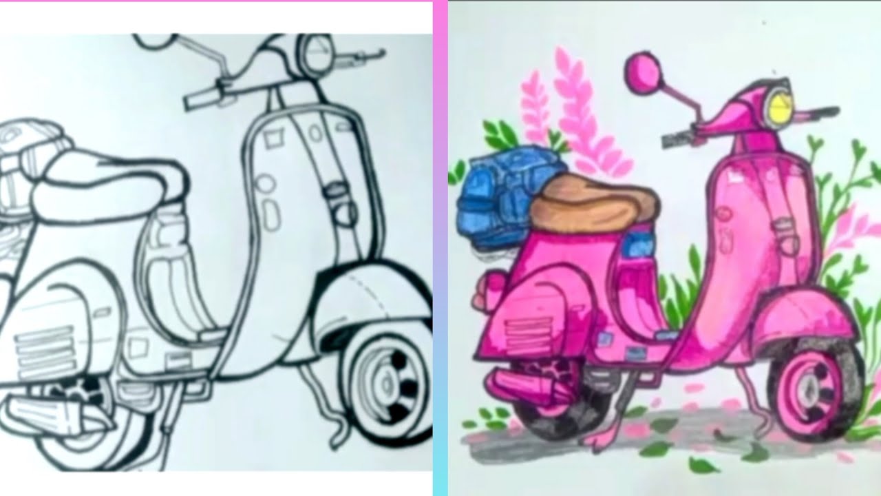 Step by step scooty drawing | black & white to color magic ✨