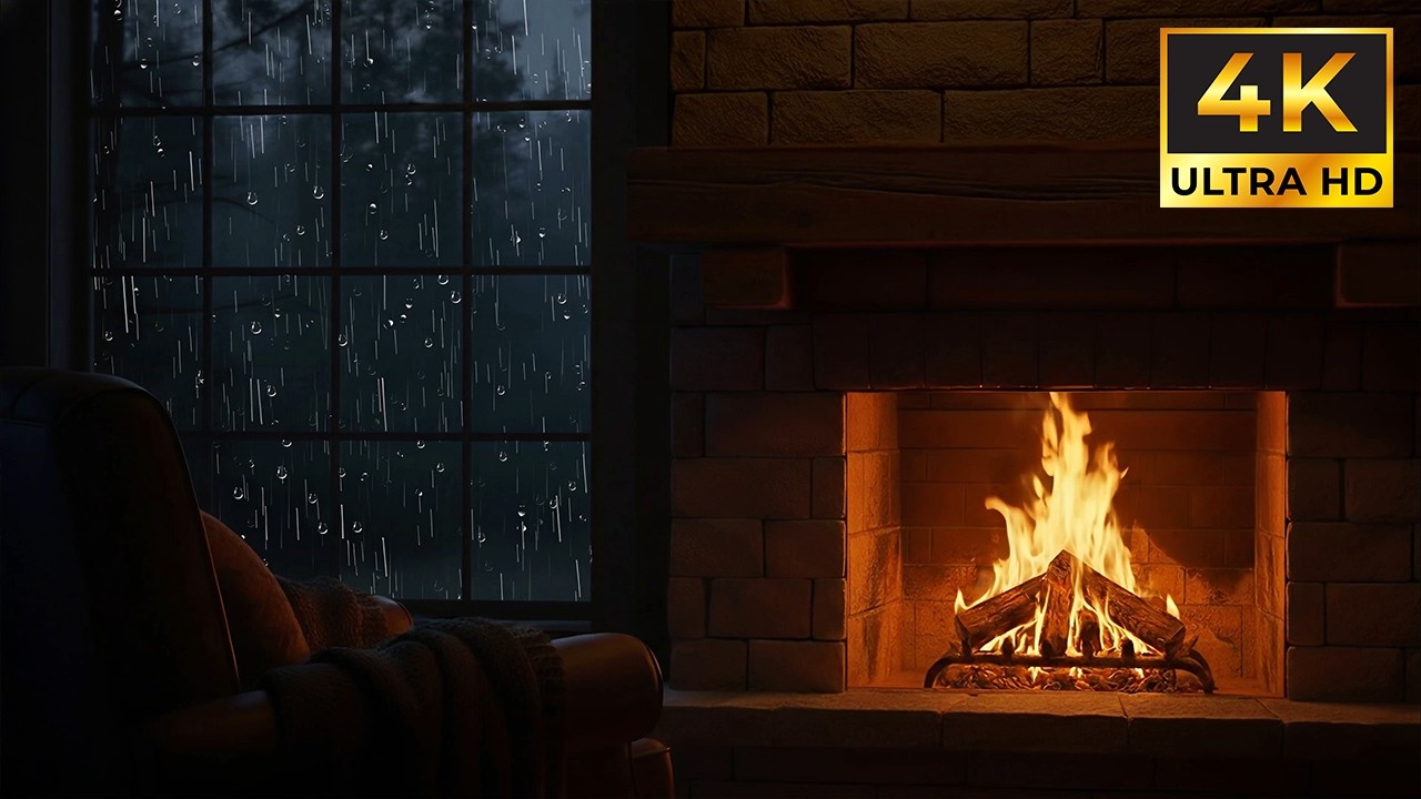 Quiet Rainy Night 🌧️ Cozy Fireplace & Rain Sounds | 4K No Music