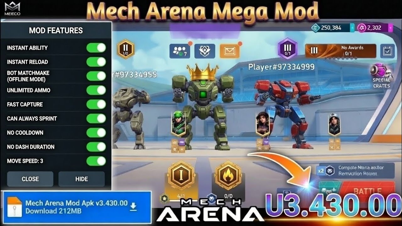 Mech Arena Mega Mod v3.430.00Unlimited Everything &bull; God Mode Activated + No Ban + No Password 