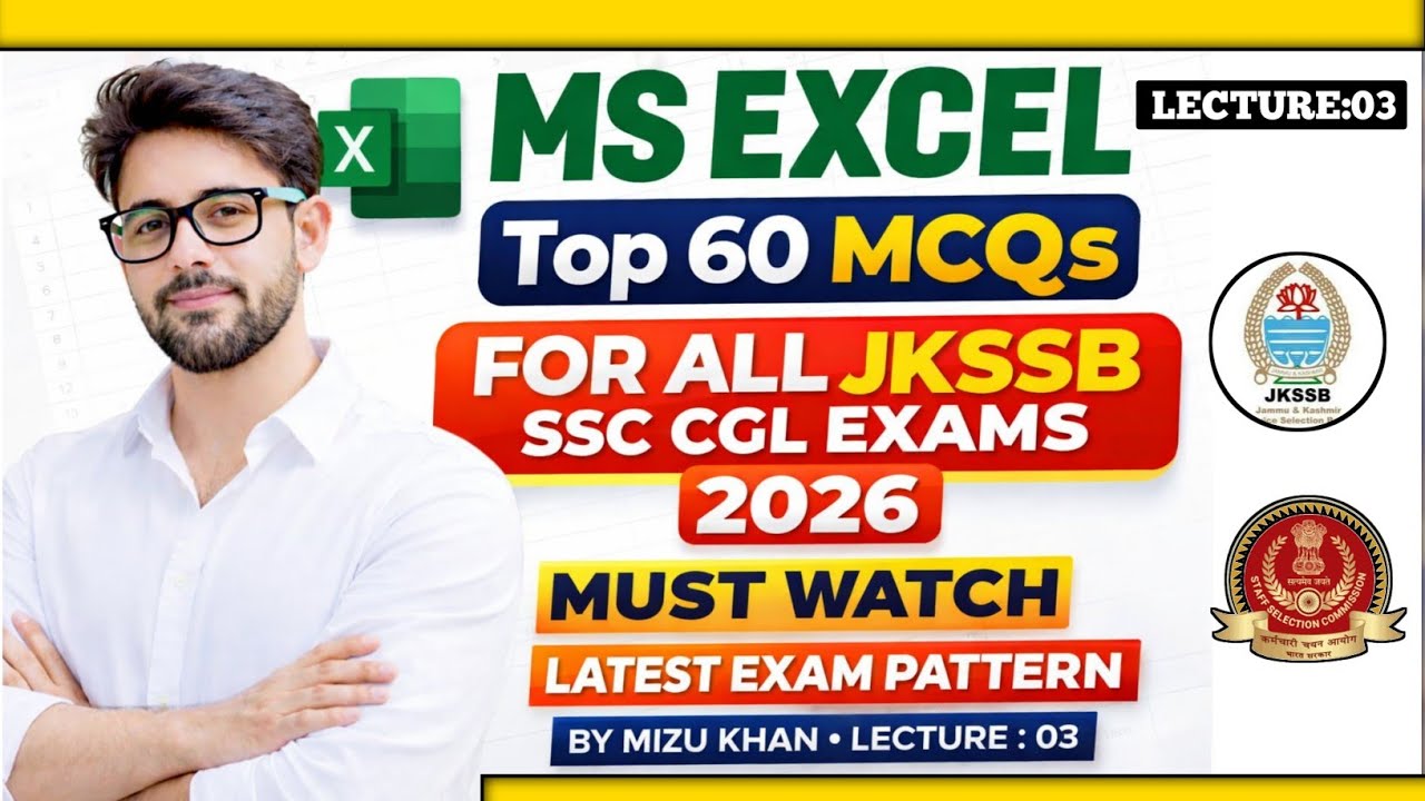 MS Excel Top 60 MCQs || JKSSB, JUNIOR ASSISTANT ||FAA ||  JKP|| SSC CGL || BANKING EXAMS. 