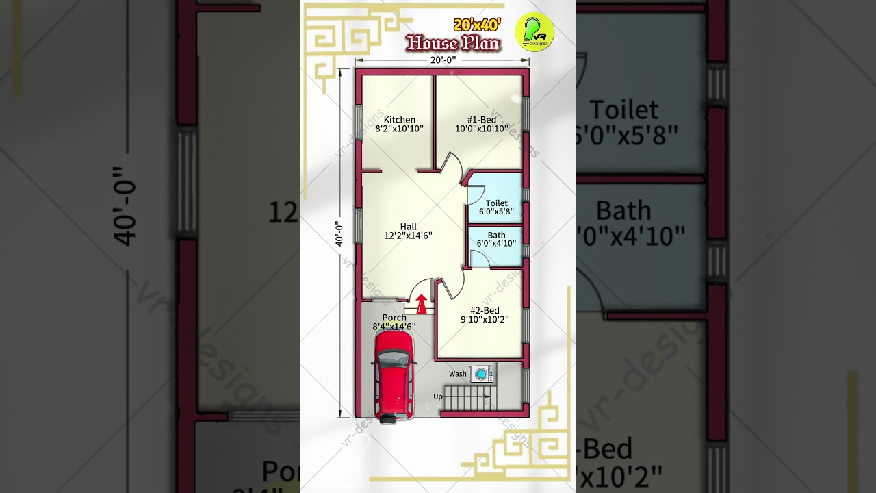 20&times;40 house plan with car parking, 2bhk house design, 20&rsquo; by 40&rsquo; house map, 20*40 home plan
