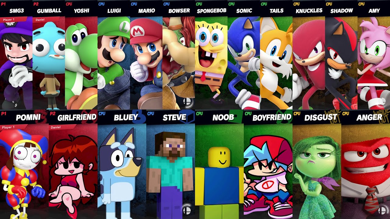 Sonic vs Mario vs Bluey vs SpongeBob vs Girlfriend vs Amy vs Roblox vs Minecraft | Super Smash Bros
