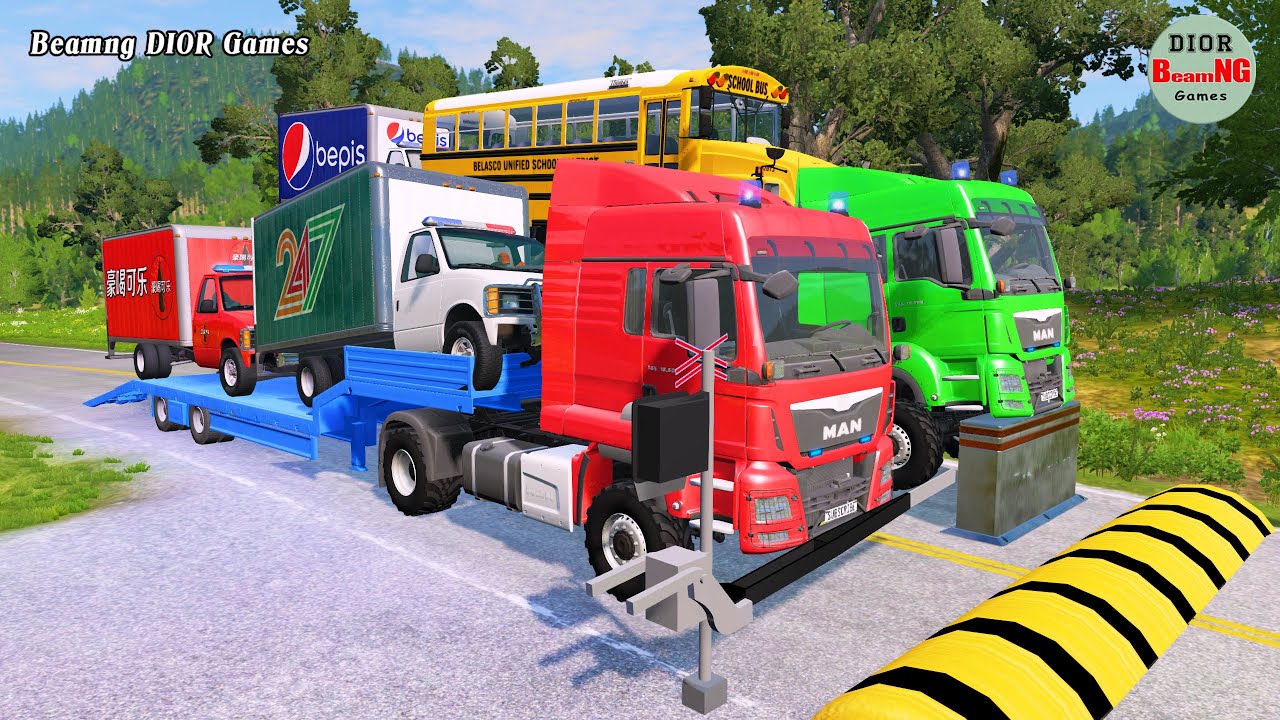 Double Flatbed Trailer Truck vs speed bumps|Busses vs speed bumps|Beamng Drive|1203
