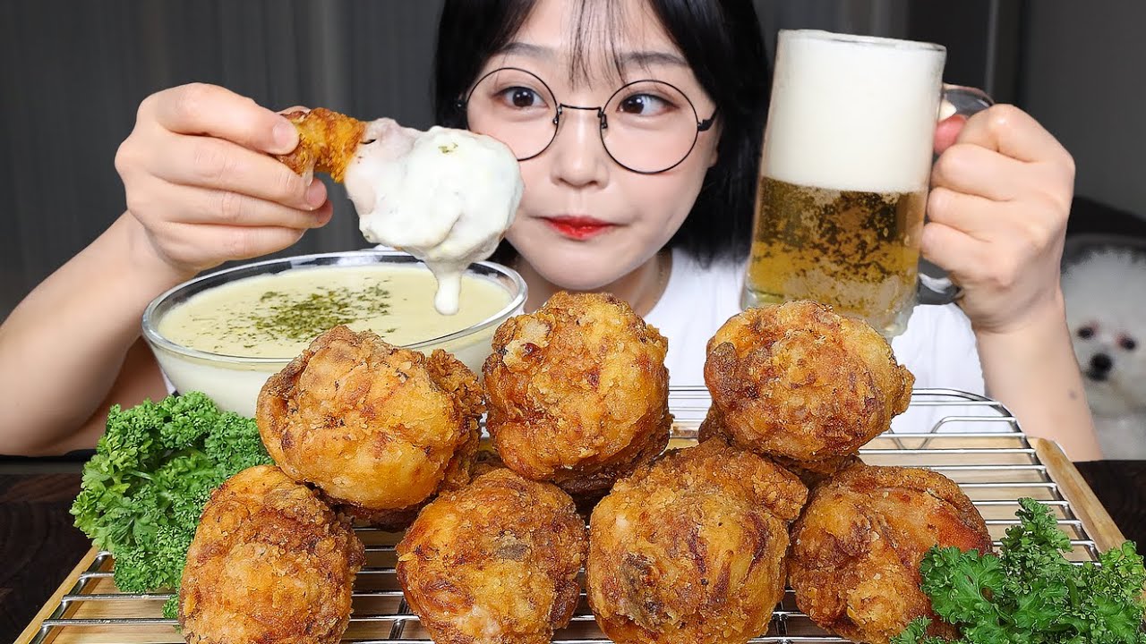 Хрустящая курица со сливочным соусом🍗🍺Mukbang ASMR